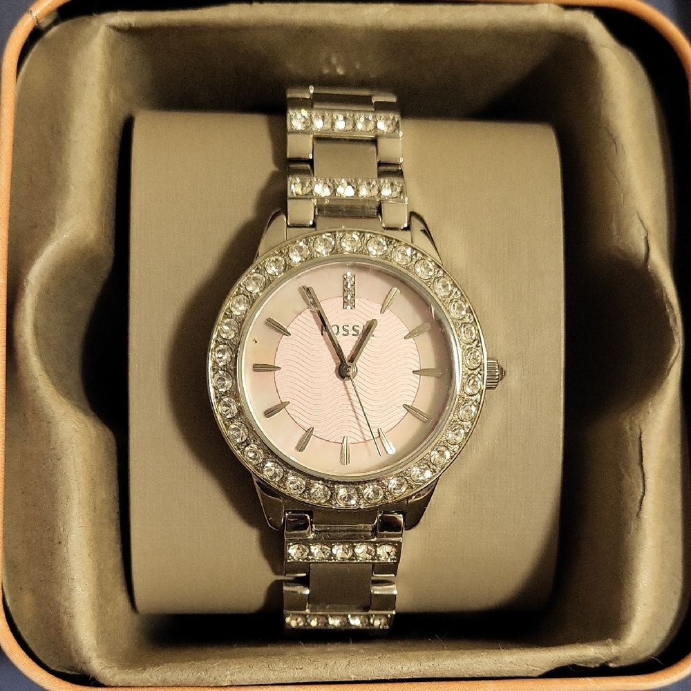 BNIB Fossil Jesse Silver and Pink Watch with Crystal Accents
